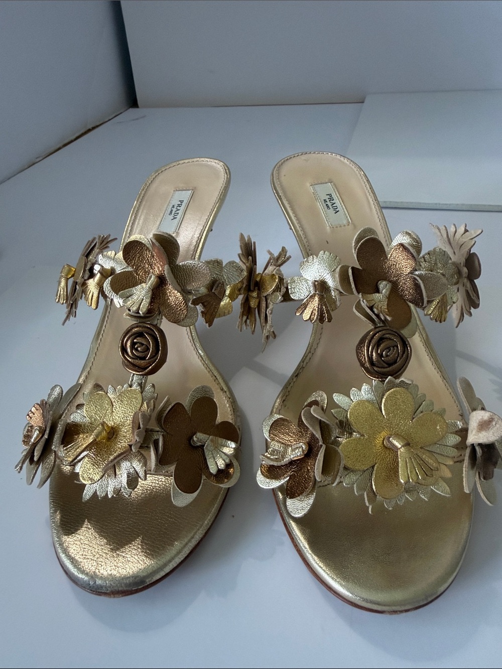 Prada Gold Floral Appliqué Heeled Sandals